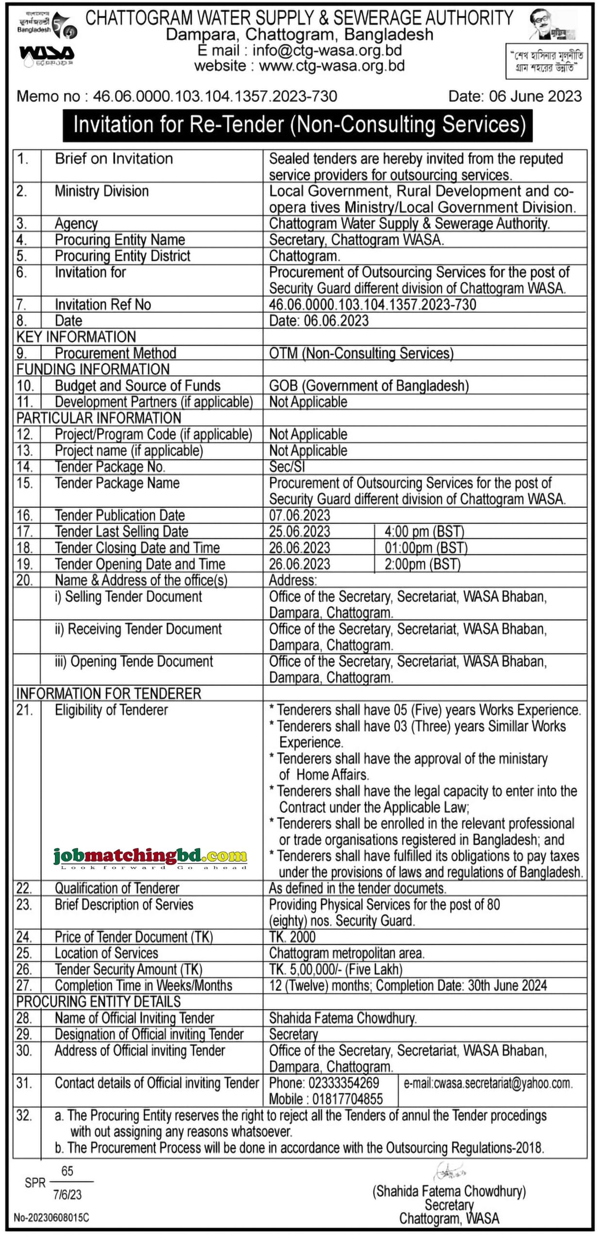 Chattogram Wasa - Re-Tender Notice