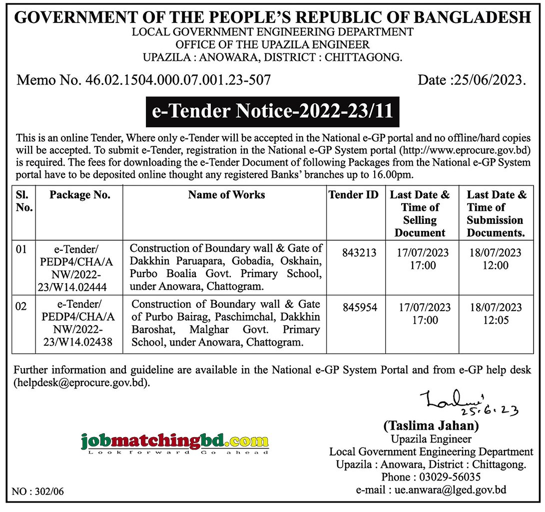 Upazila Engineer - e-Tender Notice