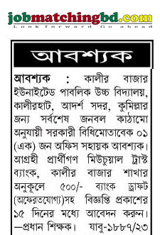 কালির বাজার ইউনাইটেড পাবলিক উচ্চ বিদ্যালয় নিয়োগ বিজ্ঞপ্তি