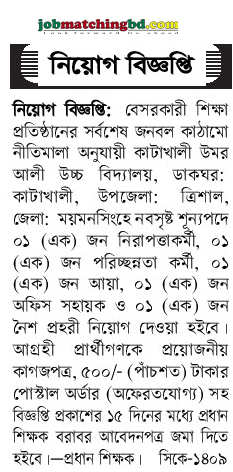 কাটাখালী উমর আলী উচ্চ বিদ্যালয় শিক্ষক নিয়োগ বিজ্ঞপ্তি