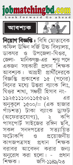 কফিল উদ্দিন দর্জি উচ্চ বিদ্যালয় শিক্ষক নিয়োগ বিজ্ঞপ্তি