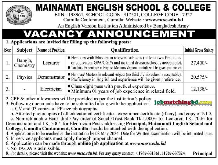 Mainamati English School Job 2024 