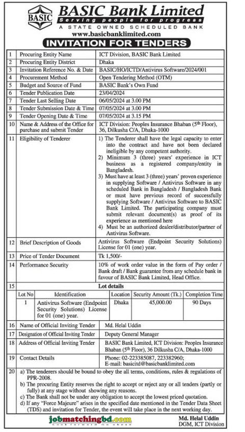 Basic Bank Limited Tender 2024