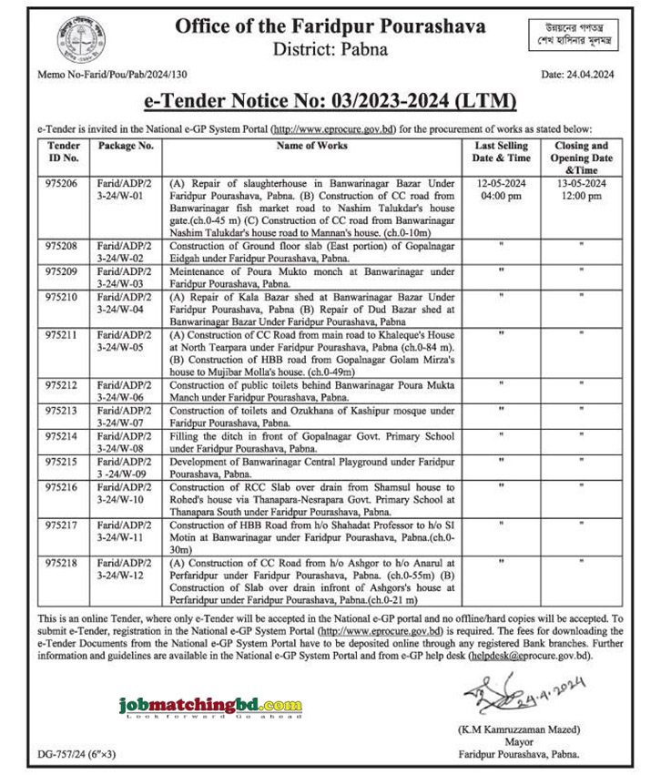 Office Of The Faridpur Pourashava Tender 2024