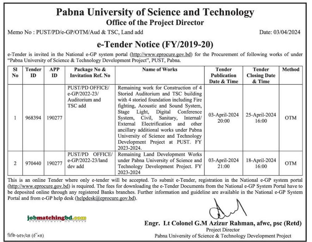 Pabna University of Science and Technology Tender 2024