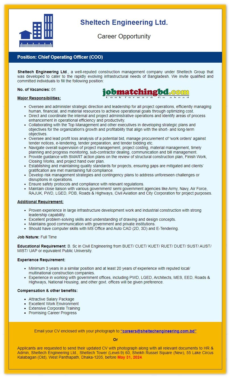 Sheltech Engineering Job 2024 