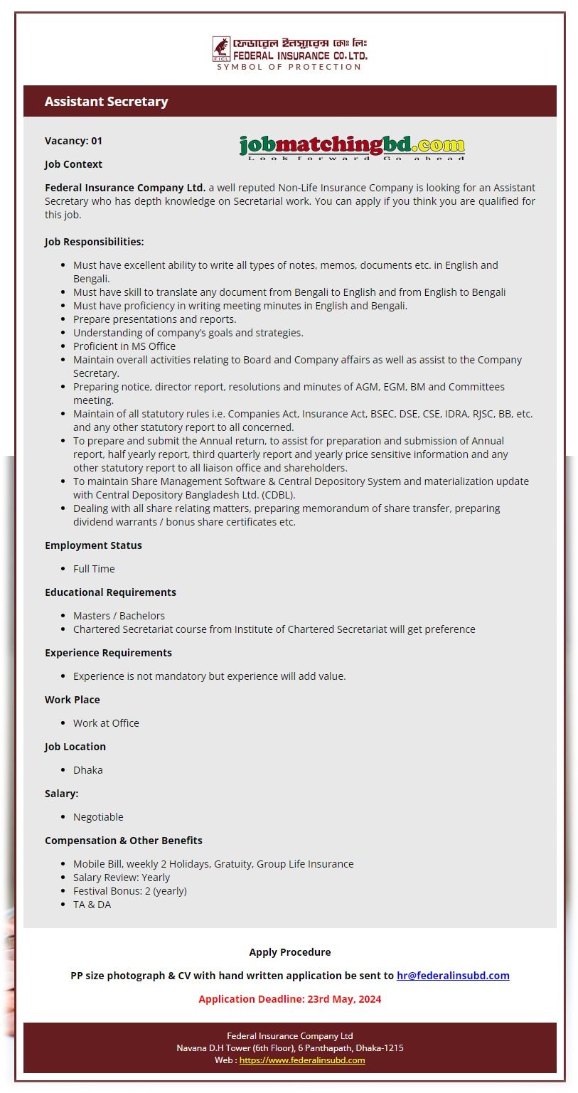 Assistant Secretary Job 2024 