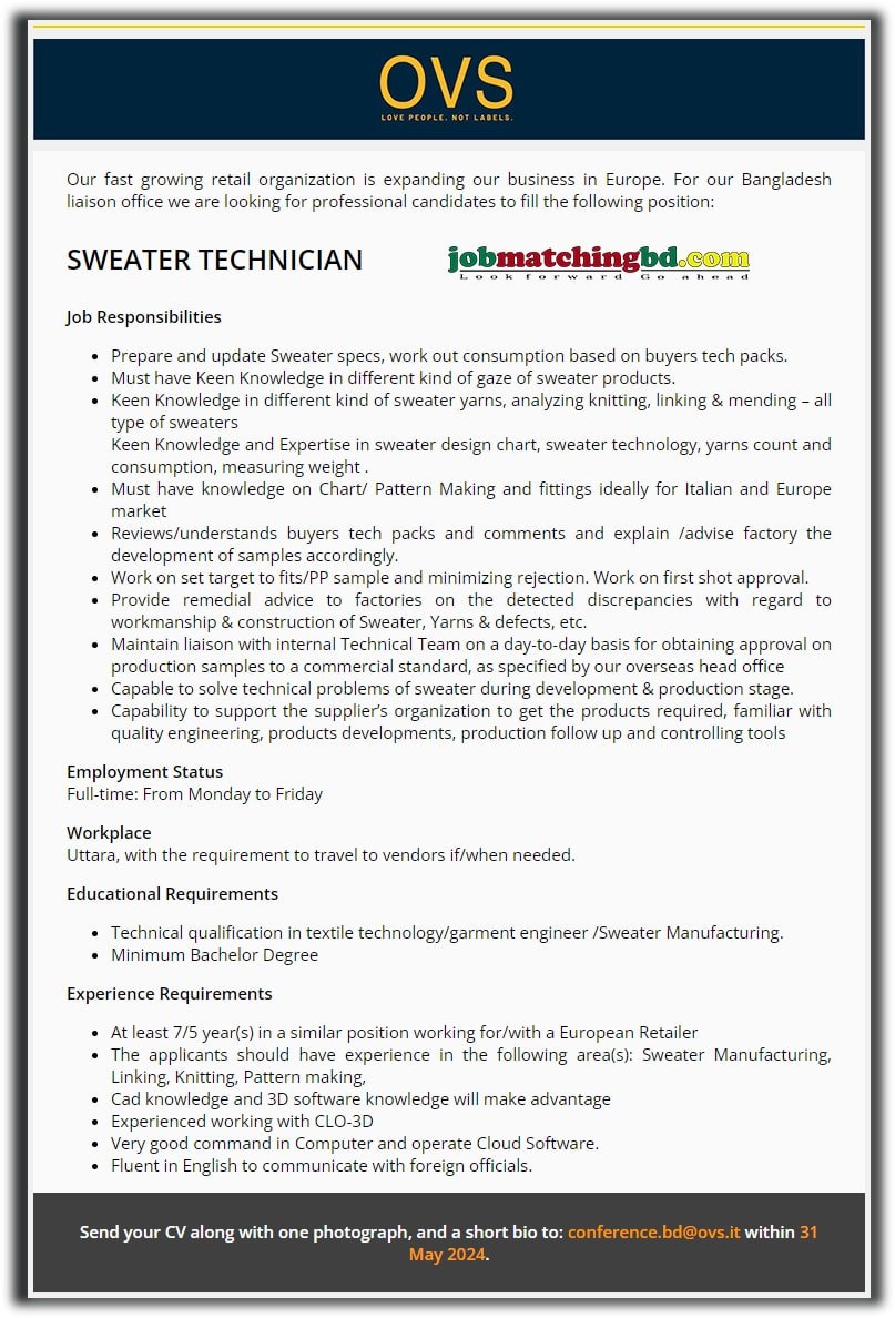 OVS Garments Job Circular 2024 