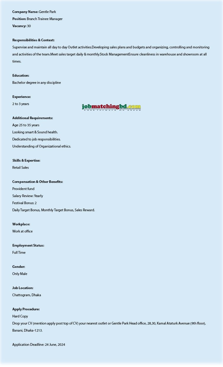 Gentle Park Job Circular 2024 