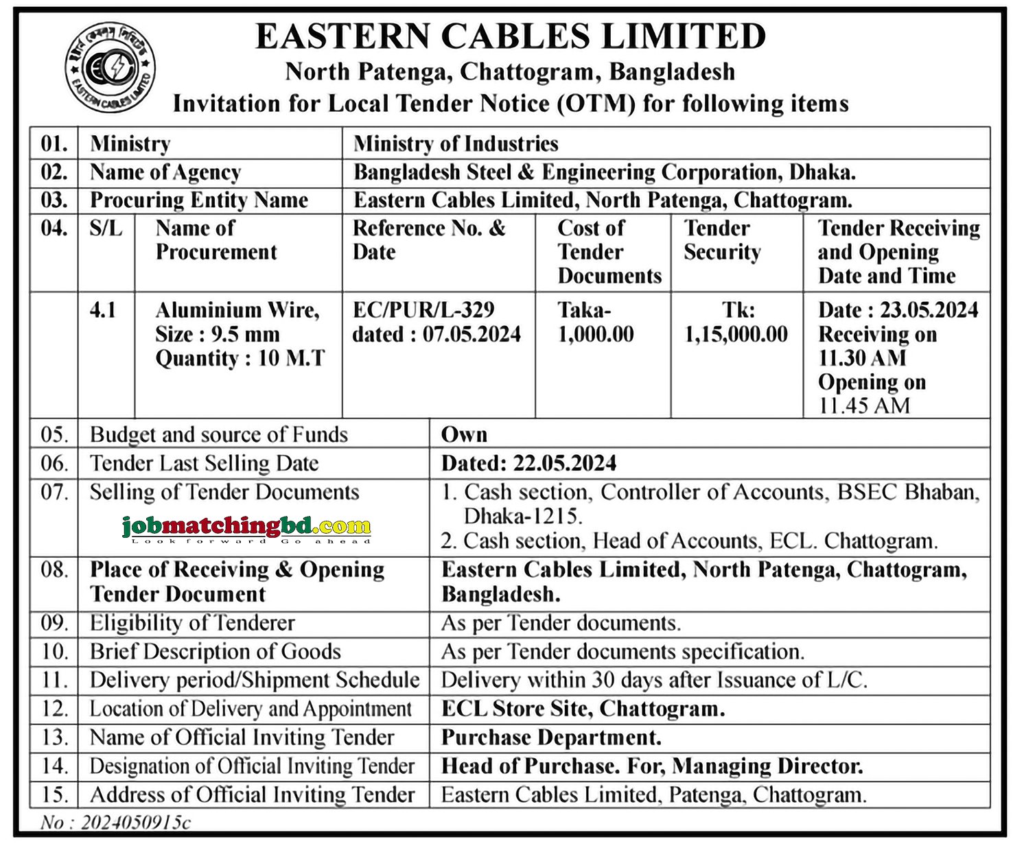 Eastern Cables Limited Tender 2024