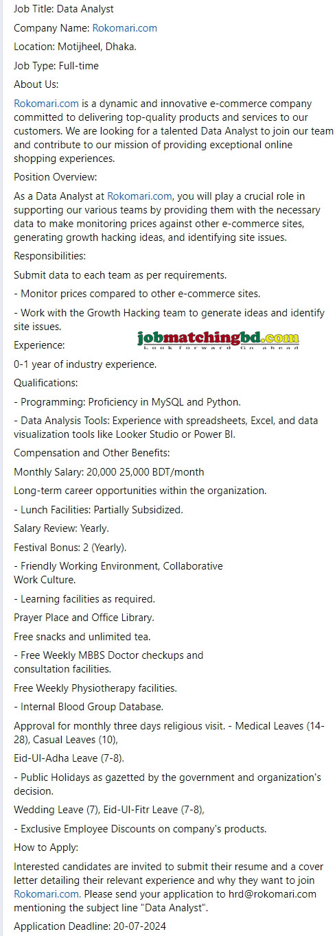 Data Analyst Job Circular in Dhaka 2024