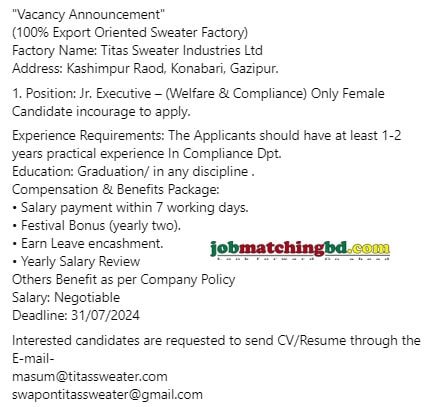 Titas Sweater Industries Ltd Job 2024