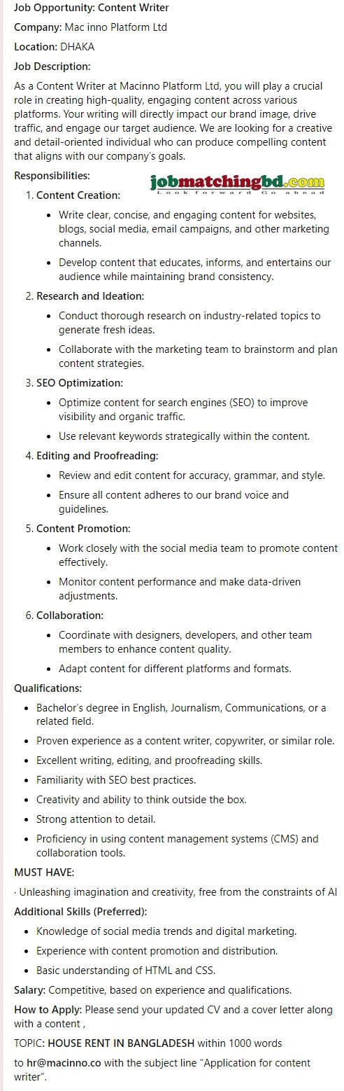 Content Writer Job Vacancy 2024