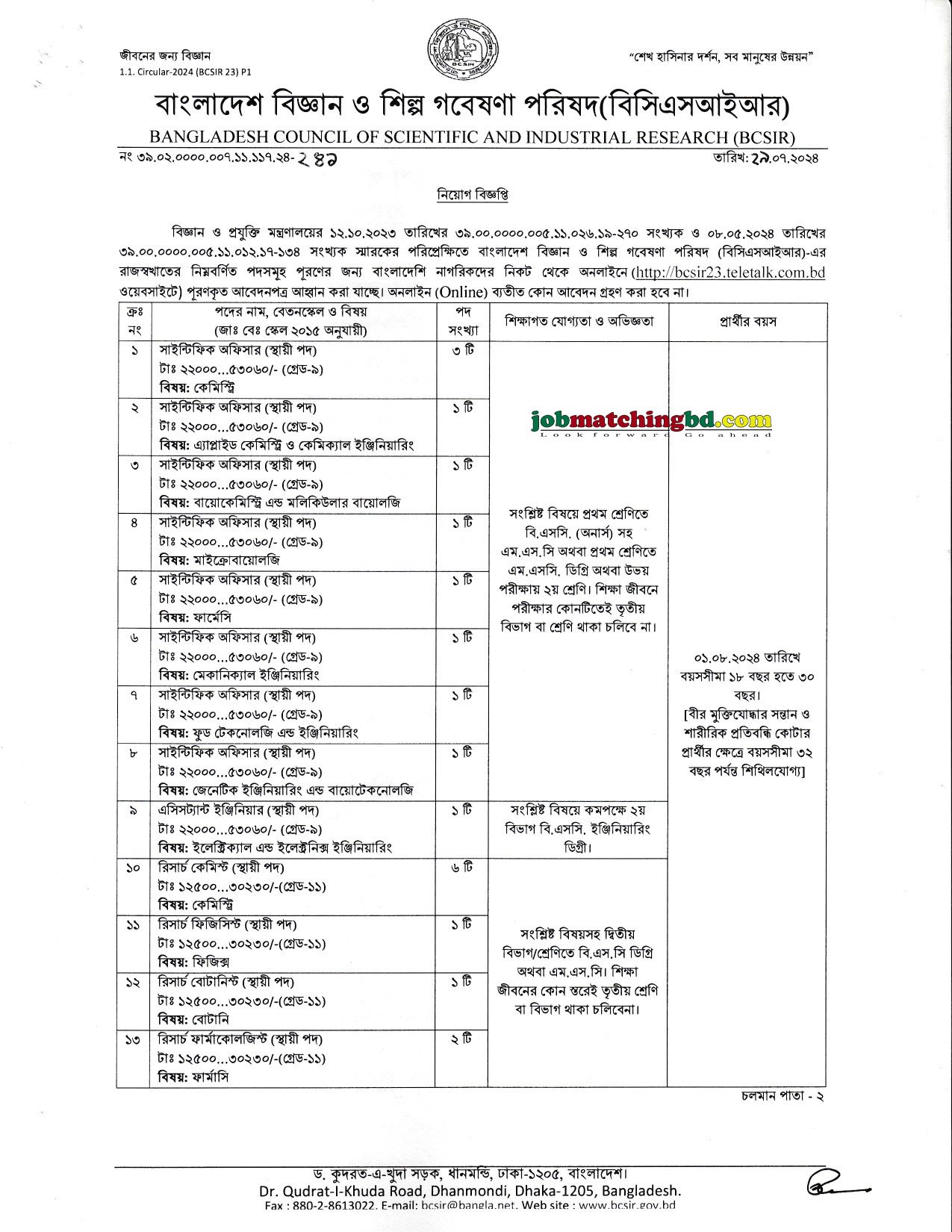বাংলাদেশ বিজ্ঞান ও শিল্প গবেষণা পরিষদ | Govt Job Circular 2024