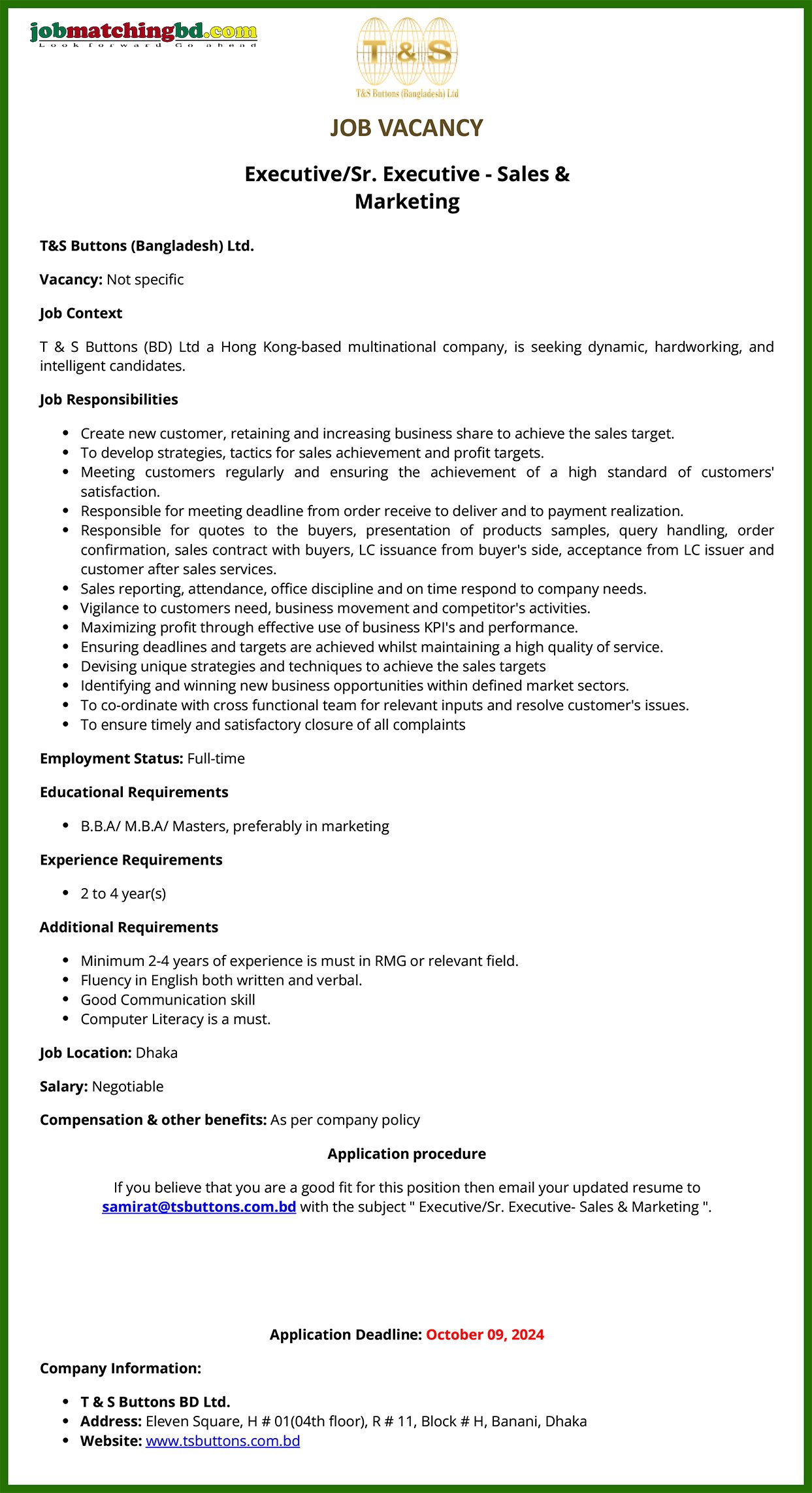 Marketing Job in BD