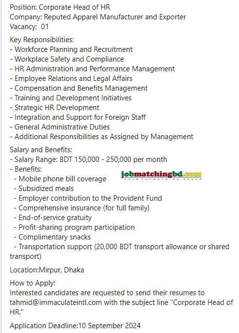 HR Job in Bangladesh 2024