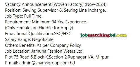 Jamuna Fashion Wears Ltd. Job Circular 2024