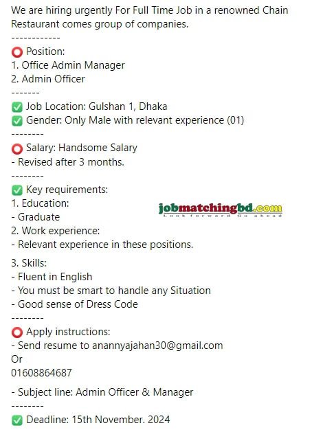 Restaurant Job Circular 2024