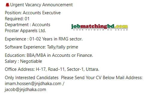 Prostar Apparels Ltd. Job Circular 2024