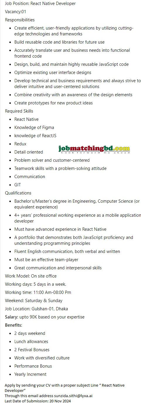 React Native Jobs Circular 2024