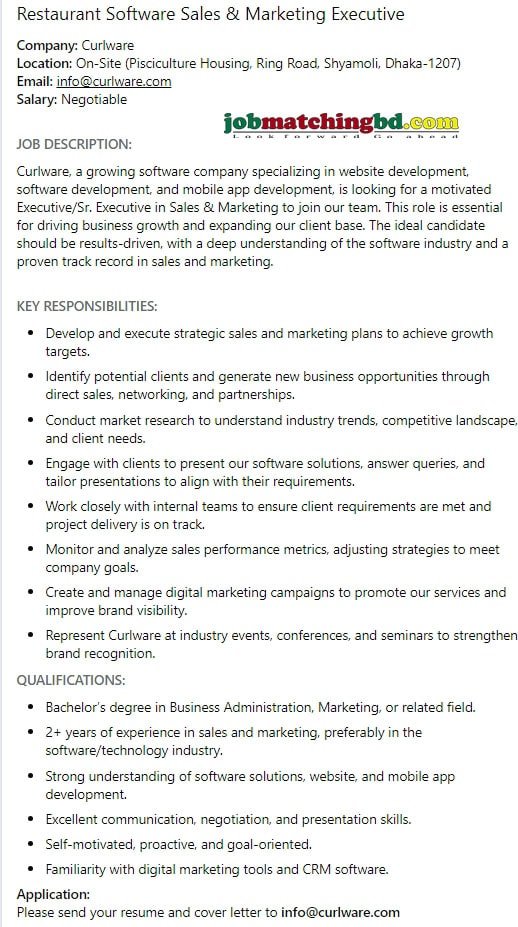 Sales and Marketing Executive Jobs Circular 2025