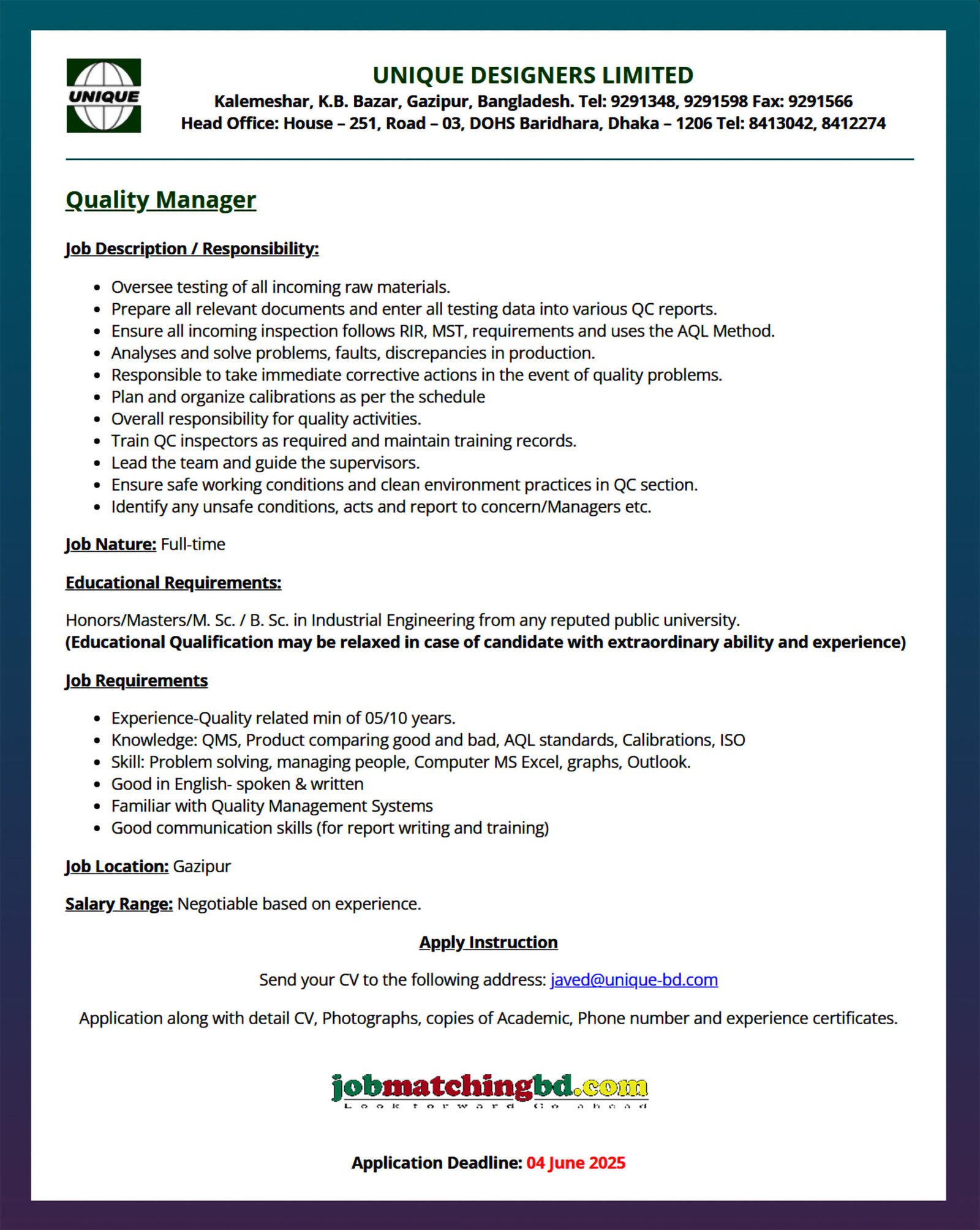 Garments Job Circular