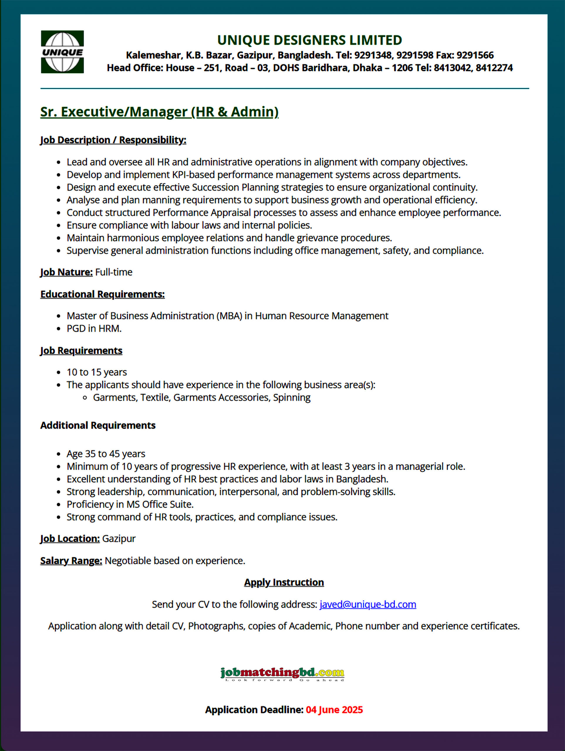 HR Jobs in Dhaka