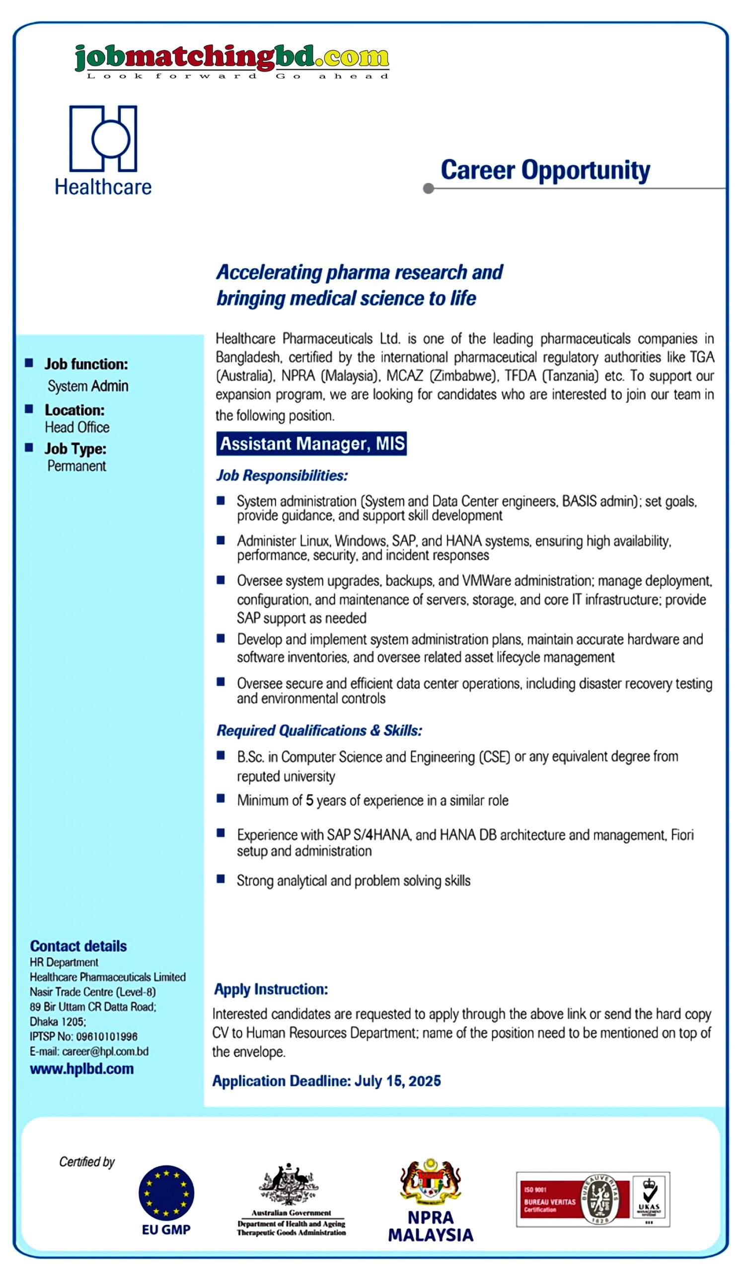 Pharma Job in BD