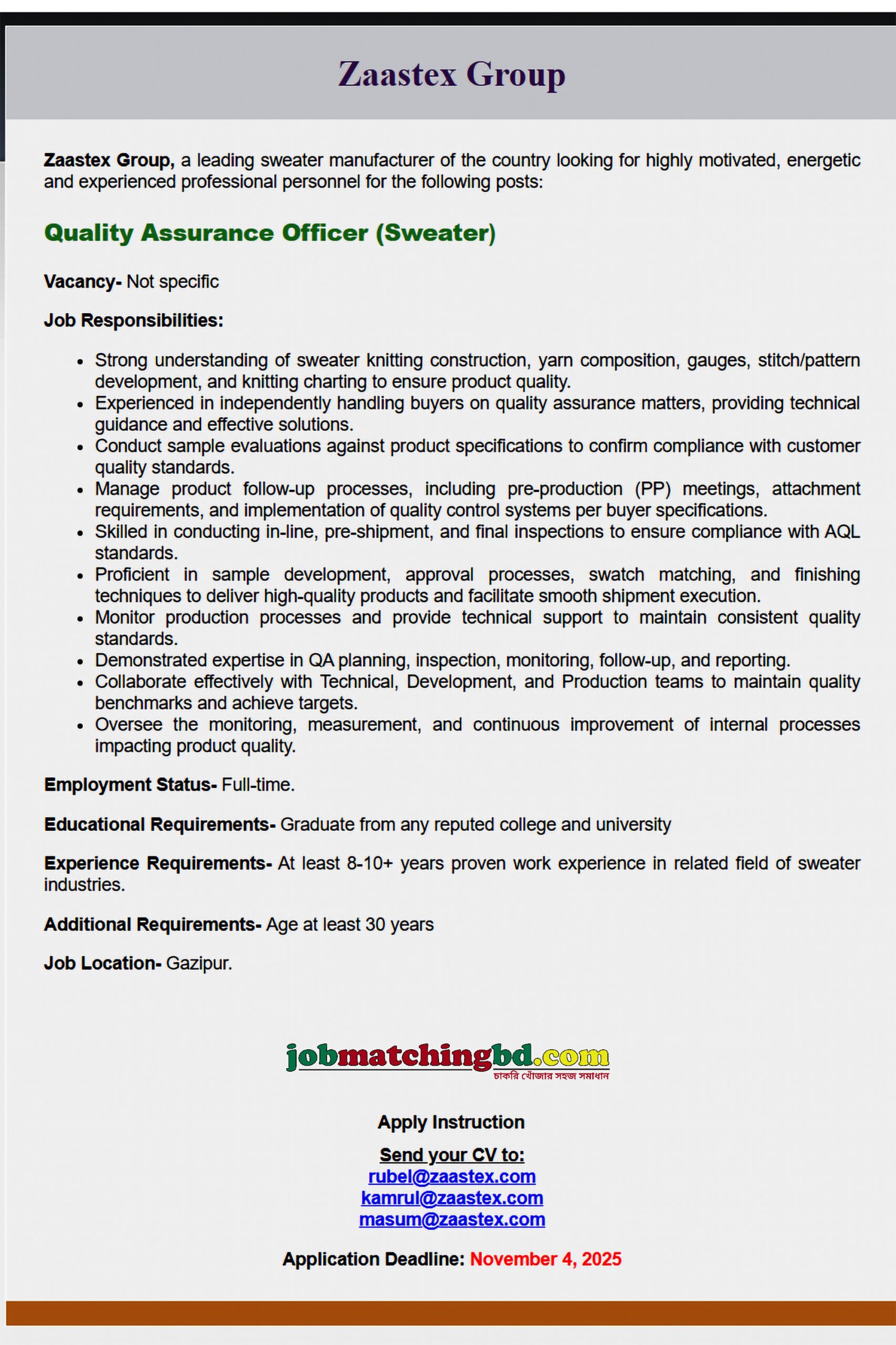 Garments Job in Dhaka