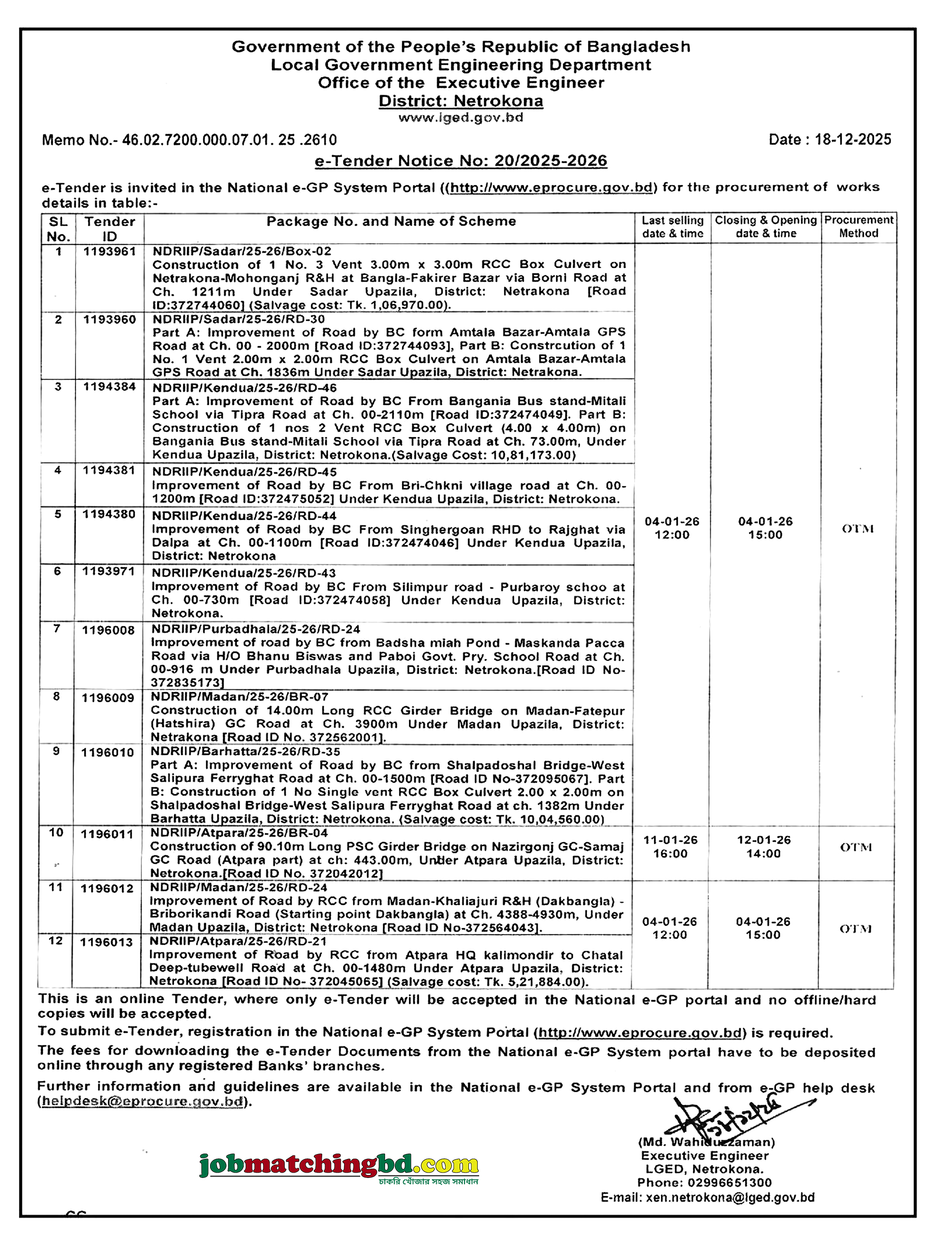 Local Government Engineering Department Tender