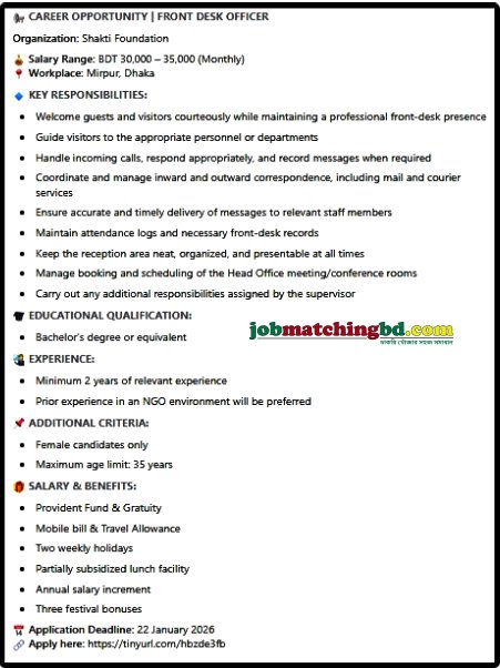 Receptionist Job in Dhaka