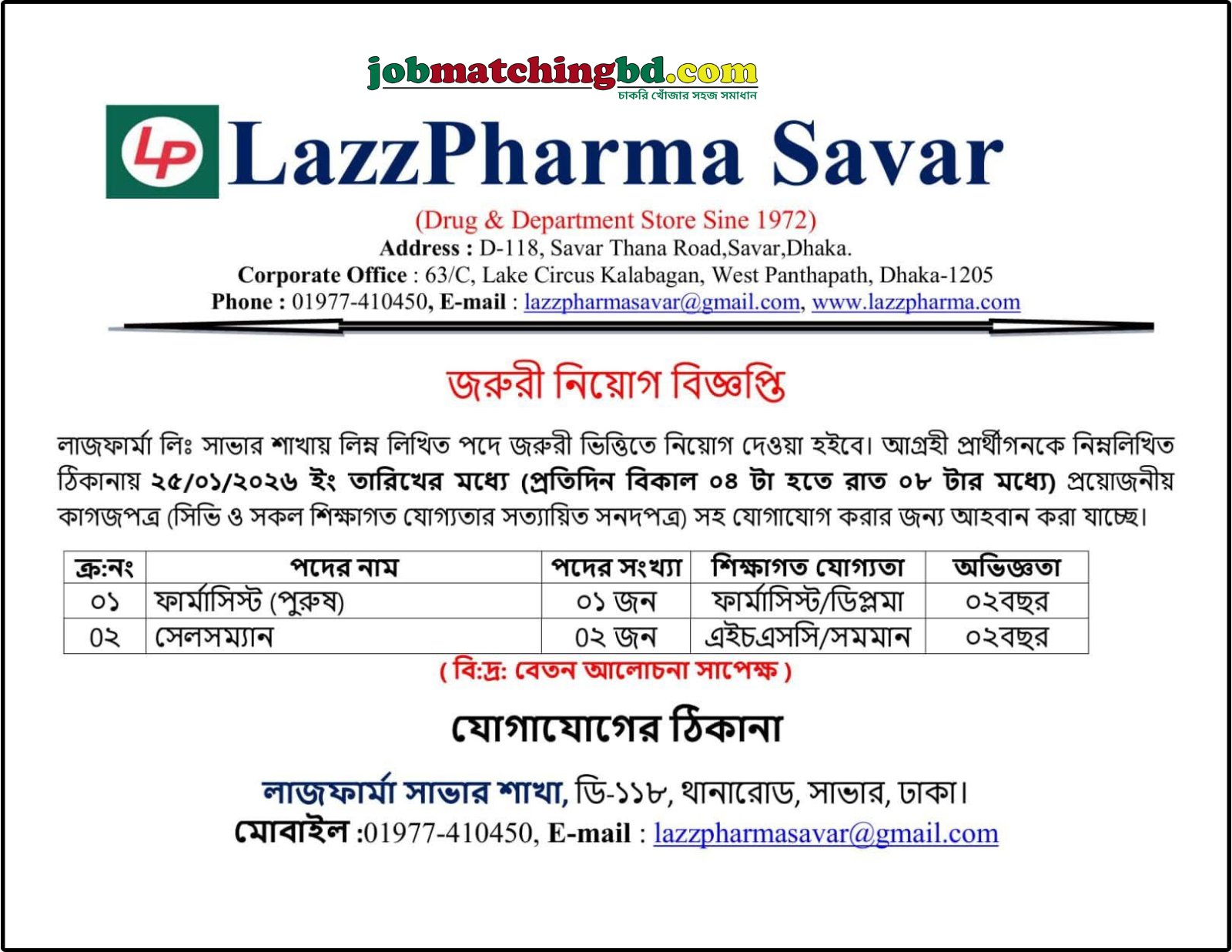 Pharmacist job Circular