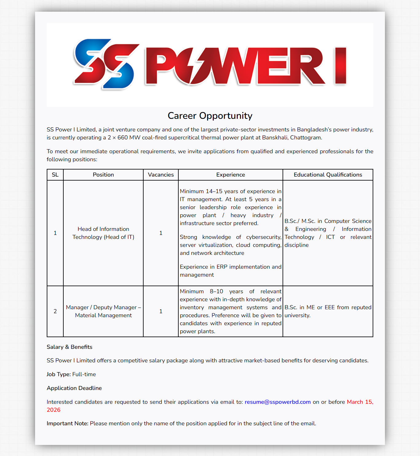 Engineer Job in Dhaka