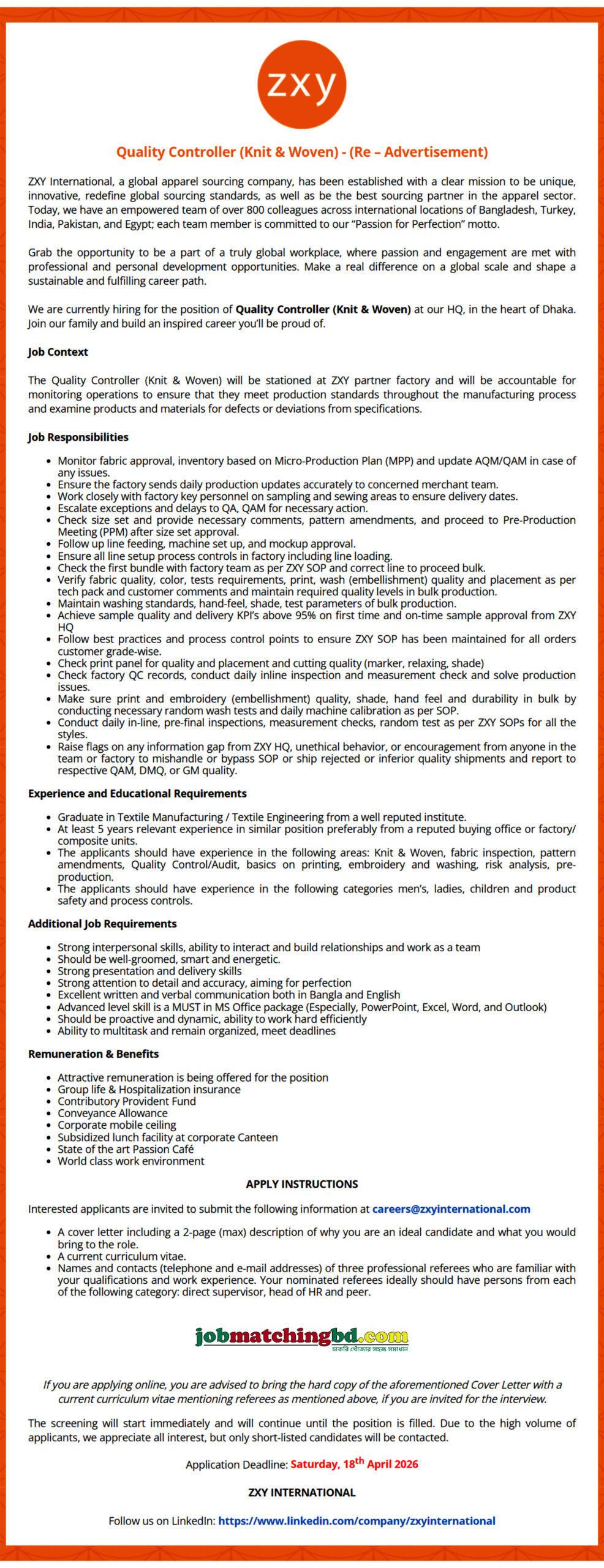 Garments Job in BD 2026