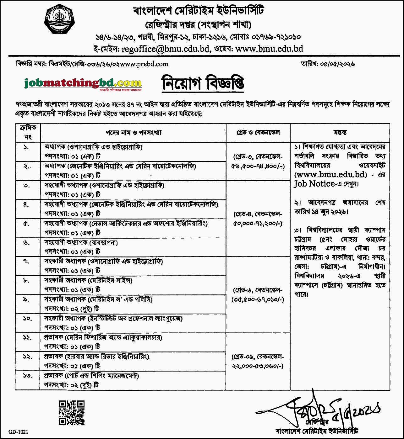 Maritime University Job Circular 2026