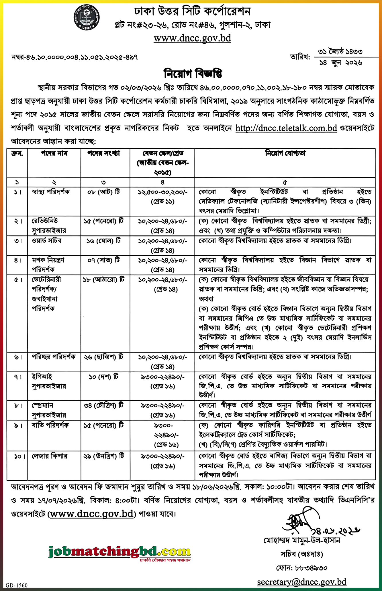 DNCC Job Circular 2026